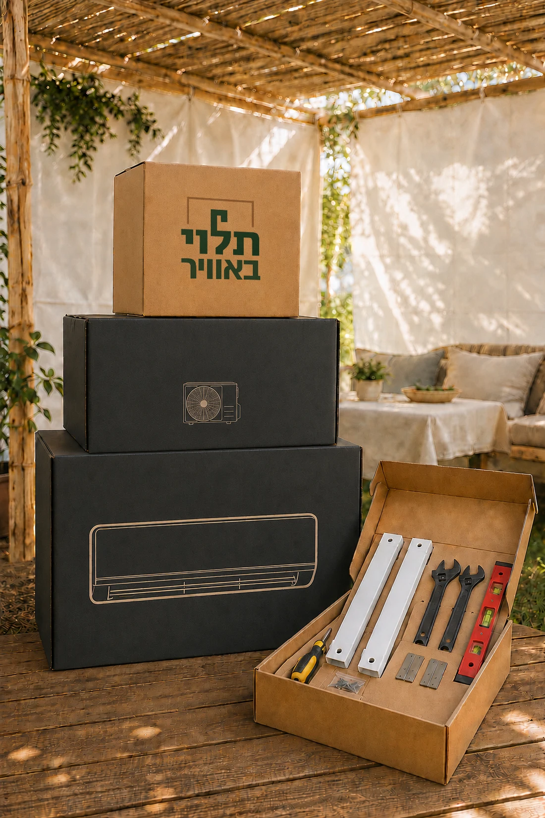 ערכת תלוי באוויר: קופסת הקיט הממותגת, אריזות המזגן והמדחס, וקופסת הכלים הפתוחה